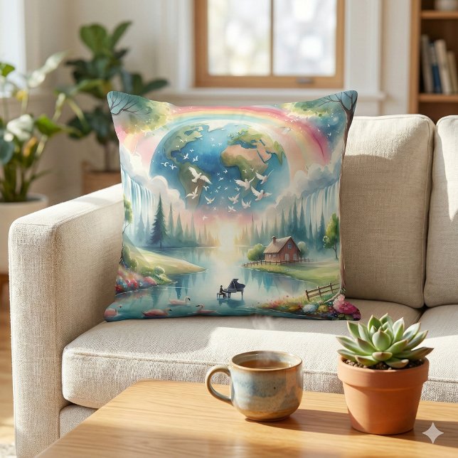 Almofada Cena de Fantasia da Terra Arco-íris Caprichosa (Whimsical Rainbow Earth Fantasy Scene Throw Pillow Mockup A)