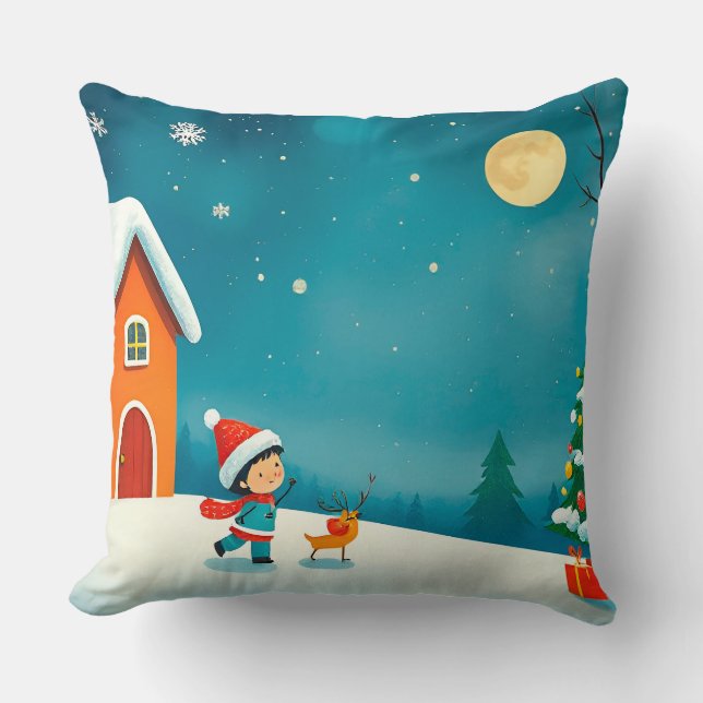 Almofada Cena de Inverno com Criança, Rena, Árvore de Natal (Frente)
