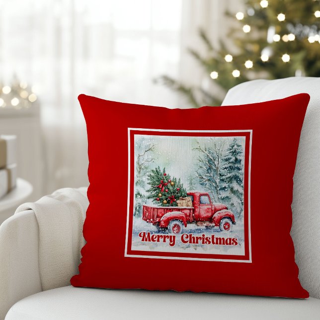 Almofada Cena de inverno de caminhão vermelho elegante rúst (Elegant red truck winter scene rustic festive pillow joy

)