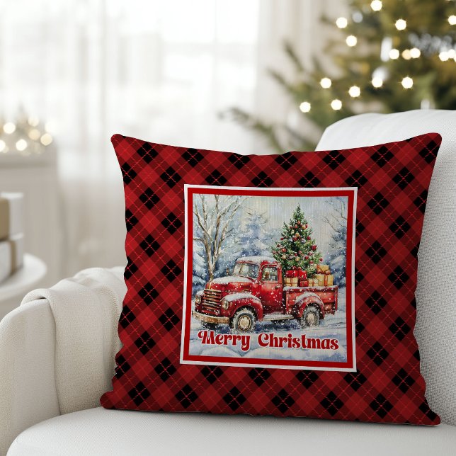 Almofada Cena de inverno de caminhão vermelho quente rústic (Warm red truck winter scene rustic red green pillow decor

)