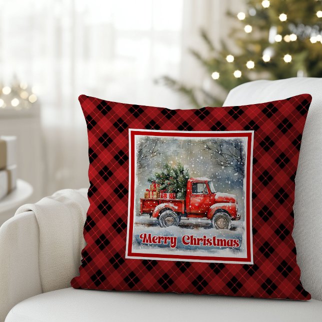 Almofada Cena de inverno encantadora com caminhão vermelho  (Charming red truck winter scene rustic holiday Throw Pillow )