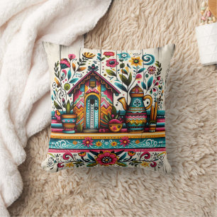 Almofada Cena de jardim vibrante com uma casinha colorida