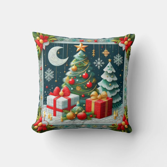 Almofada Cena de Natal com Árvores Decoradas em Colcha (Frente)
