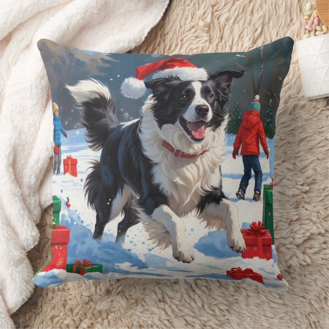 Almofada Cena de Natal com Border Collie na Neve (Cobertor)