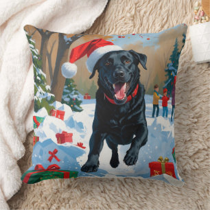 Almofada Cena de Natal com Labrador Preto na Neve