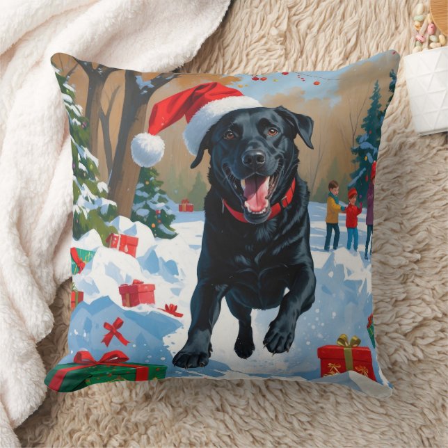 Almofada Cena de Natal com Labrador Preto na Neve  (Cobertor)
