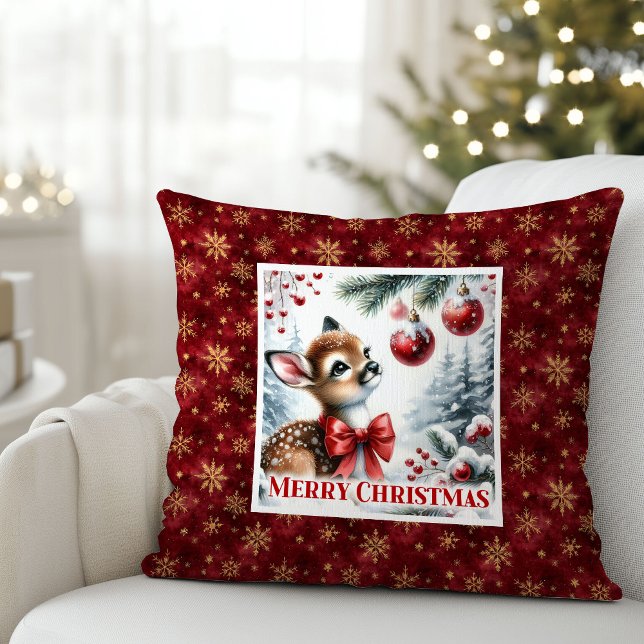 Almofada Cena de Natal da floresta nevada feliz com cervo b (Blissful snowy forest Christmas scene baby deer kids decor)