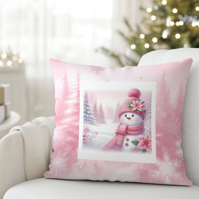 Almofada Cena de Natal de Boneco de Neve Rosa Adorável Quar (Lovely Pink Snowman Christmas Scene Kids Room Pillow

)