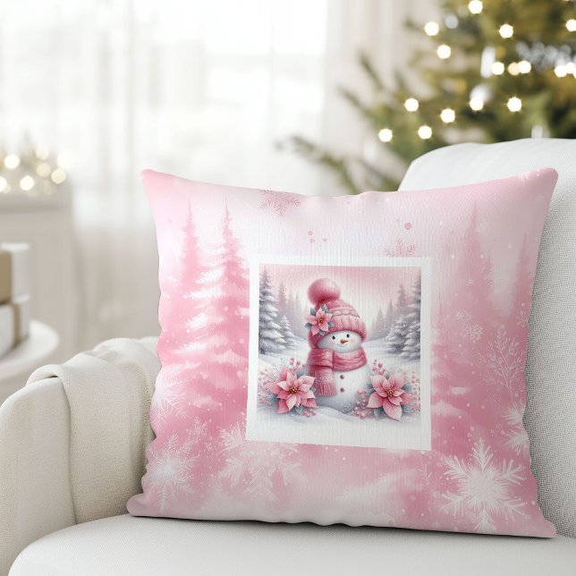 Almofada Cena de Natal de Boneco de Neve Rosa Moderno Prese (Modern Pink Snowman Christmas Scene Kids Gift Pillow

)