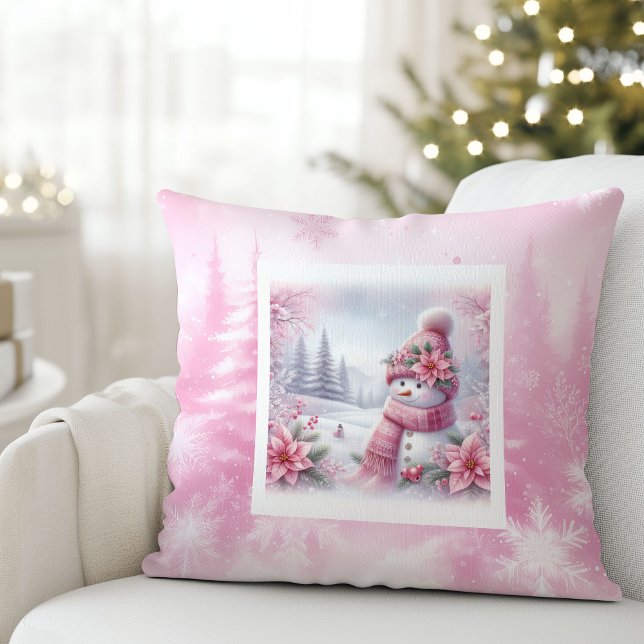 Almofada Cena de Natal de Boneco de Neve Rosa Única para Cr (Unique Pink Snowman Christmas Scene Kids Holiday Pillow

)