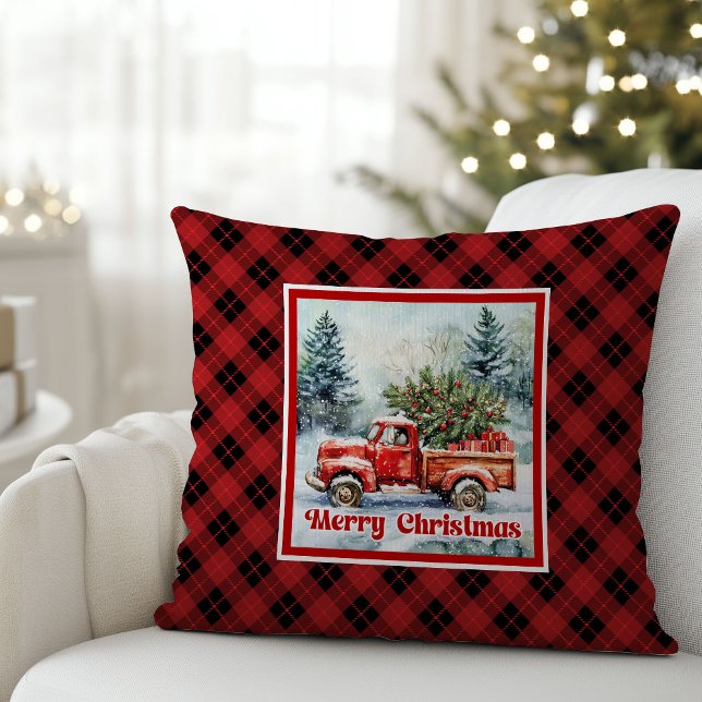 Almofada Cena de Natal de caminhão vermelho alegre rústico  (Cheerful red truck Christmas scene rustic bold pillow joy

)