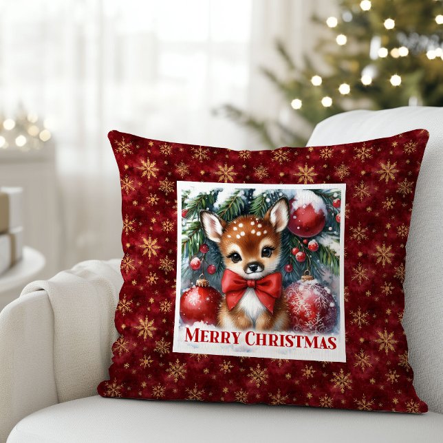 Almofada Cena de Natal feliz com cervo bebê de Natal  (Blissful Christmas scene baby fawn Christmas pillow (52))