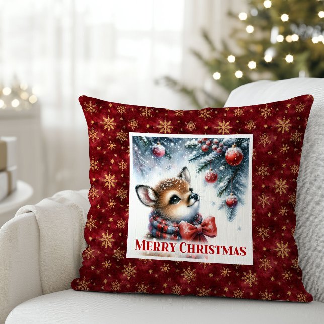 Almofada Cena de neve estrelada com cervo bebê na floresta  (Starry snowy scene baby fawn winter forest kids decor)