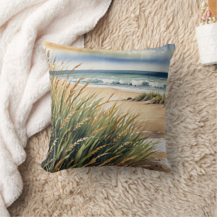 Almofada Cena de praia em aquarela com grama e oceano