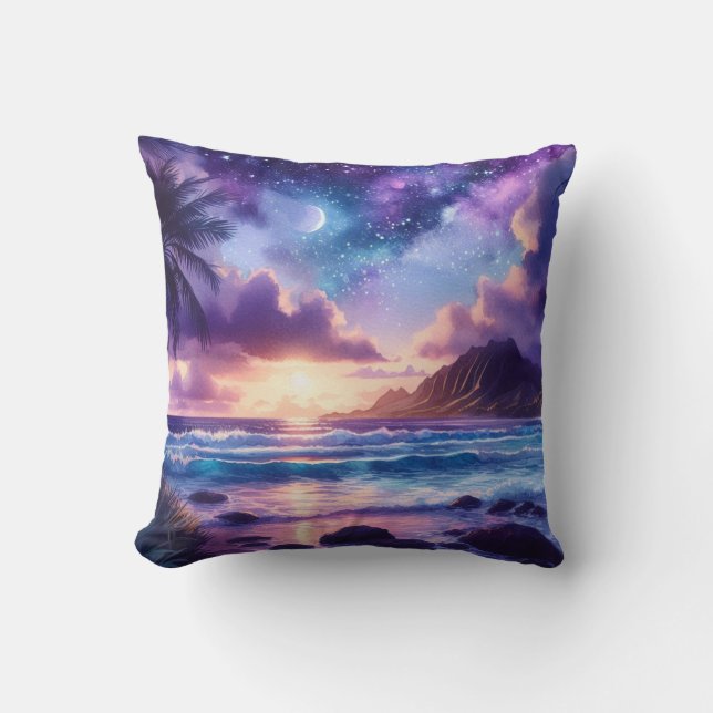 Almofada Cena de Praia Tropical com Lua no Céu Noturno Roxo (Frente)