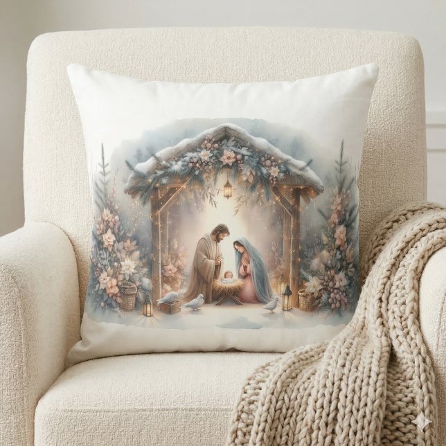 Almofada Cena de Presépio Rústica com Flores de Inverno (Rustic Nativity Scene with Winter Florals Throw Pillow Mockup A)