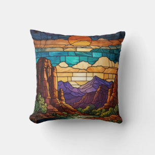Almofada Cena do deserto retrô arte de vitral das montanhas