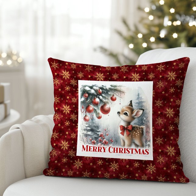Almofada Cena infantil festiva de floresta nevada e cervo b (Warm snowy forest festive baby fawn scene kids room decor)