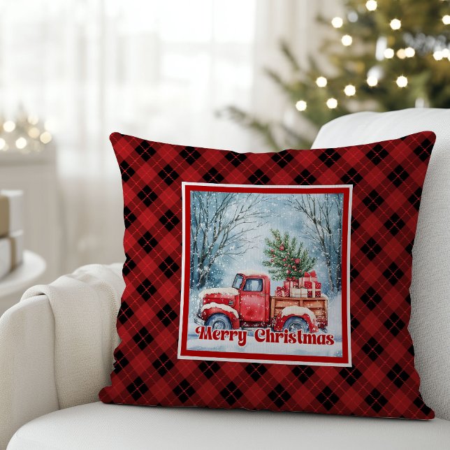 Almofada Cena natalina caprichosa de caminhão vermelho rúst (Whimsical red truck Christmas scene rustic festive pillow

)
