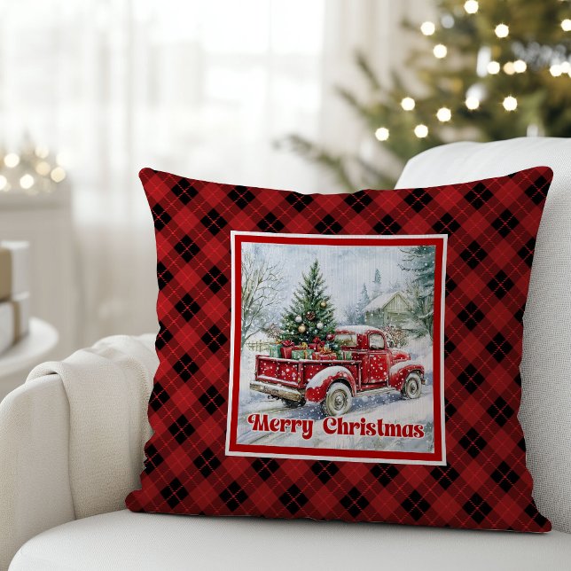 Almofada Cena natalina nostálgica de caminhão vermelho rúst (Nostalgic red truck holiday scene rustic Christmas pillow

)