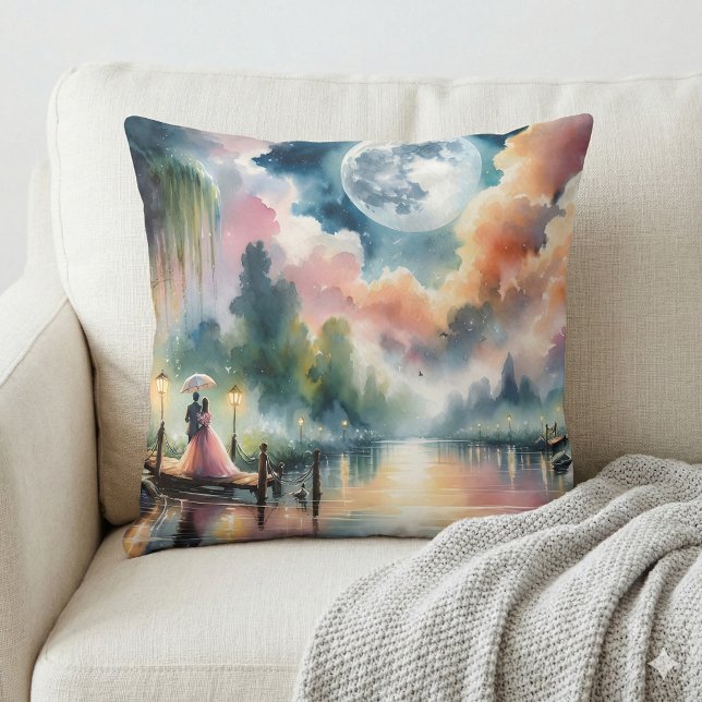 Almofada Cena Noturna Romântica de Moonlight Watercolor (Romantic Moonlight Watercolor Night Scene Throw Pillow Mockup A)