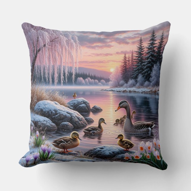 Almofada Cena Pacífica de Lago de Inverno com Patos (Frente)