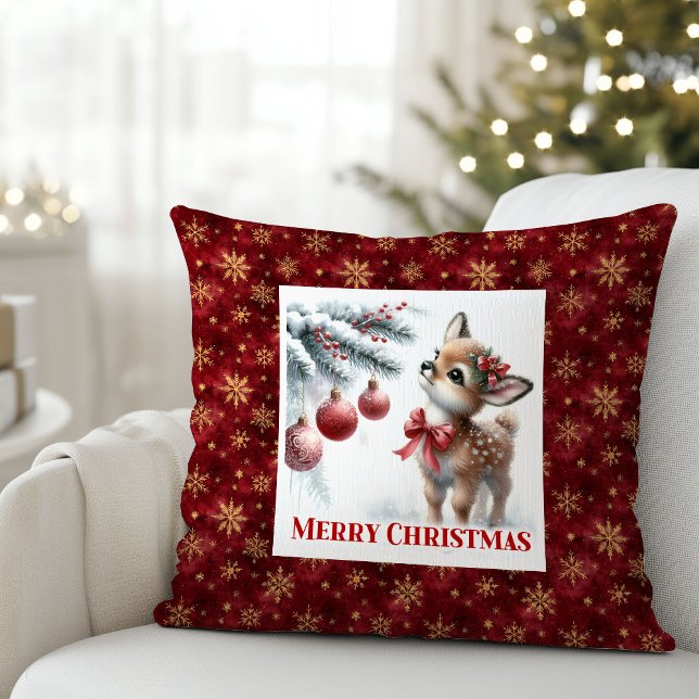 Almofada Cena silenciosa de neve com cervo bebê, decoração  (Silent snowy scene baby deer cozy kids room decor)