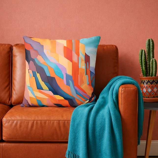 Almofada Cenário Abstrato Colorido do Sudoeste (Vividly colored southwestern canyon cliffs landscape throw pillow in modern desert ranch home settin)