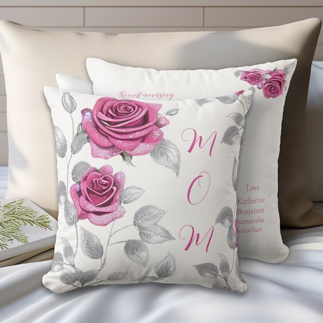 Almofada Cerise Rosa Rosa Folha Prata Amor da Mamãe  (Criador carregado)