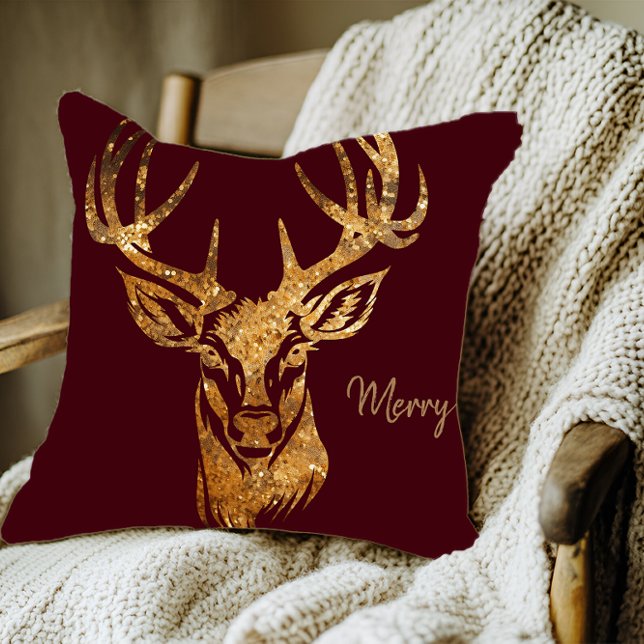 Almofada Cerveja/ Feliz/ Brilhante Dourada/ Borgonha Escura (Rustic Cabin Gold Deer I Merry Holiday Throw Pillow)