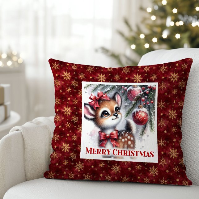 Almofada Cervo Aconchegante na Floresta de Neve Presente Qu (Cozy Fawn In Snow Forest Gift Room kids room decor)