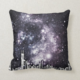 Almofada Céu estrelado da skyline cómica preta & branca d
