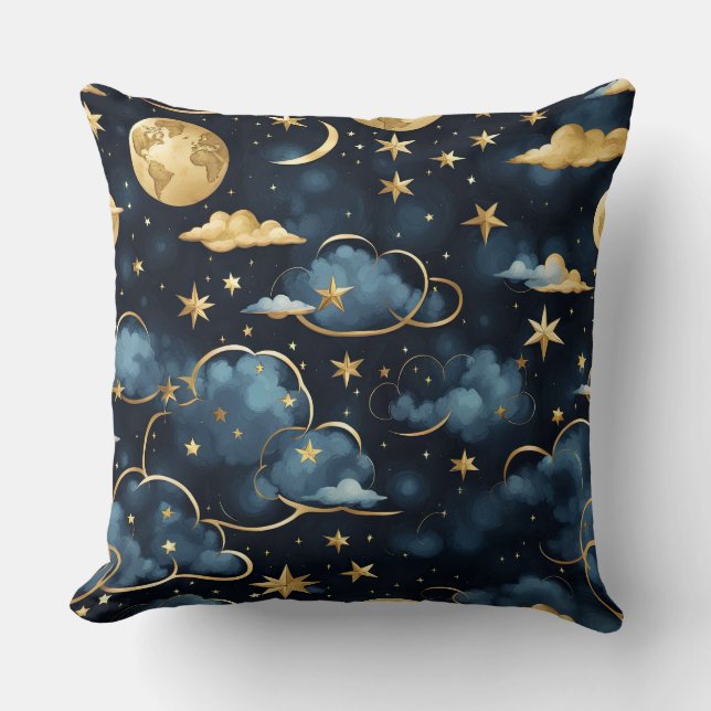 ALMOFADA CÉU NOTURNO COM NUVENS E ESTRELAS AZUIS E DOURADAS (Frente)
