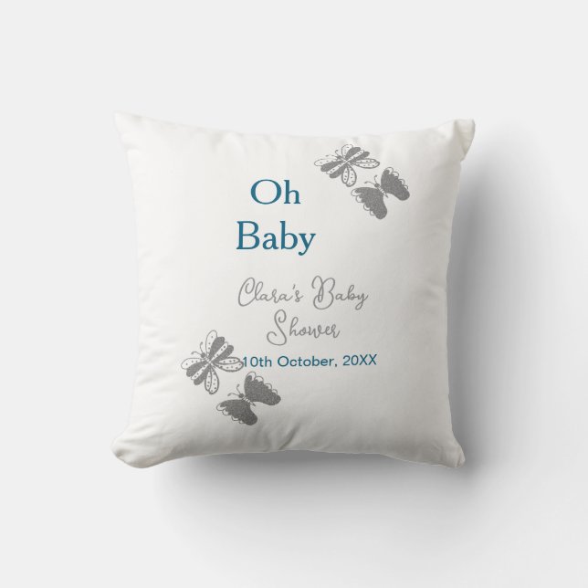 Almofada chá de fraldas azul-borboleta-cinza oh bebê texto  (Frente)