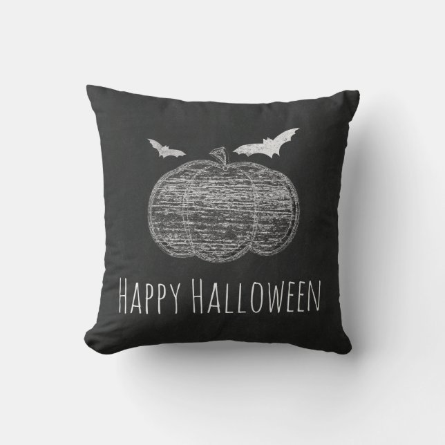 Almofada Chalk Pumpkin & Bats Chalkboard Halloween Home (Frente)