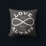Almofada Chalkboard Infinity Love Casket Date and Names<br><div class="desc">Celebre o amor infinito entre sua noiva favorita e o noivo com este travesseiro personalizável! Um símbolo branco de infinidade de giz e um texto de "Love Always" rodeiam os nomes dos casais e a data de casamento em um fundo preto de quadro negro. Faz um belo, moderno, presente personalizado....</div>