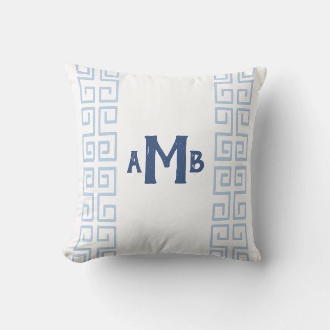 Almofada Chapa Azul Chinoiserie Grega Greve-Chave Monograma (Frente)
