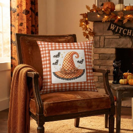 Almofada Chapéu de Bruxa de Gingham Laranja e Morcegos de H