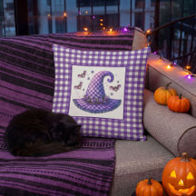 Chapéu de Bruxa de Halloween em Xadrez Roxo & Morc