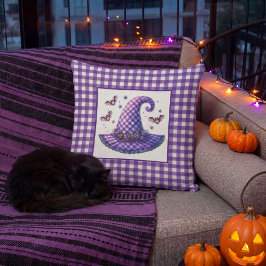 Almofada Chapéu de Bruxa de Halloween em Xadrez Roxo & Morc