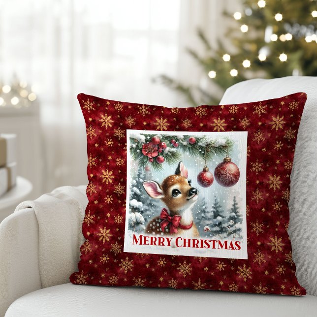 Almofada Charming baby fawn festive winter scene Christmas  (Charming baby fawn festive winter scene Christmas pillow)