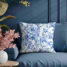 Charming Blue Roses French Toile Decorative Pillow