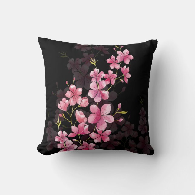 Almofada Cherry Blossoms em Preto (Frente)
