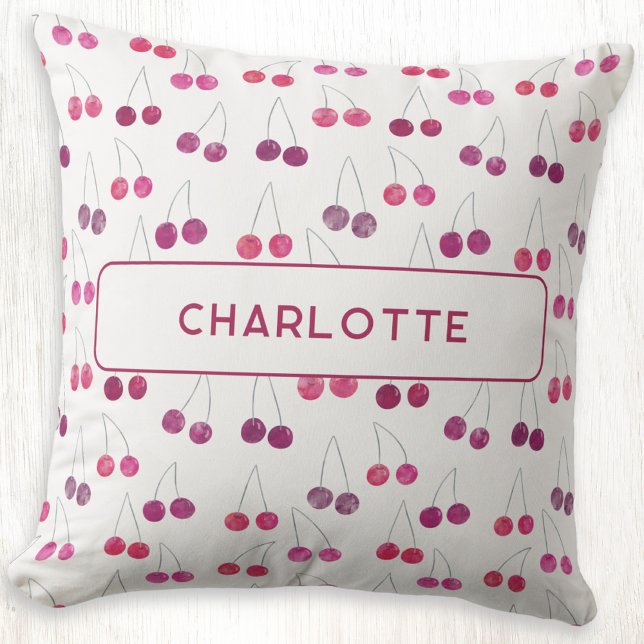 Almofada Cherry Watercolor Personalizado (Personalized custom name watercolor cherriespattern throw pillow)