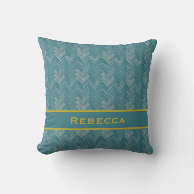 Almofada Chevron Herringbone Patterno Turquoise Monograma (Frente)