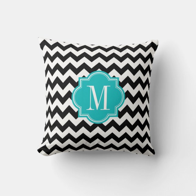 Almofada Chevron preto e branco com monograma da cerceta (Frente)