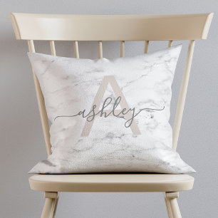 Almofada Chic Blush Pink & Cinza Marble Name Monograma