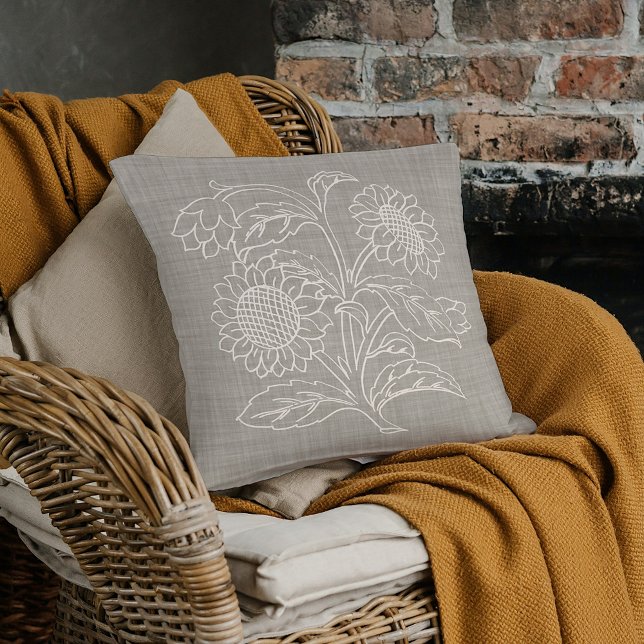 Almofada Chic Botanical Ivory Sunflower Art Em Beige Brown (Criador carregado)