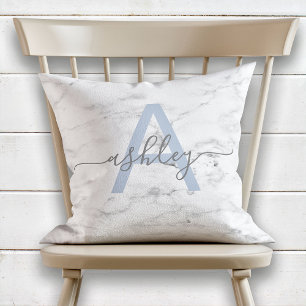 Almofada Chic French Blue & Cinza Marble Name Monograma