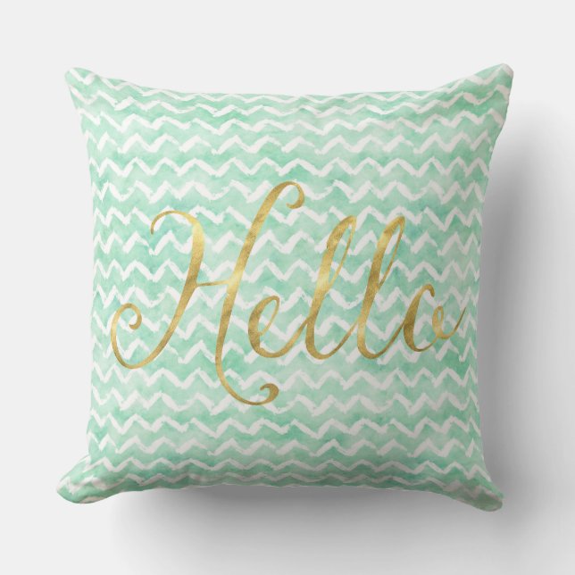 Almofada Chic Mint Watercolor Chevron Strips Dourado Hello (Frente)